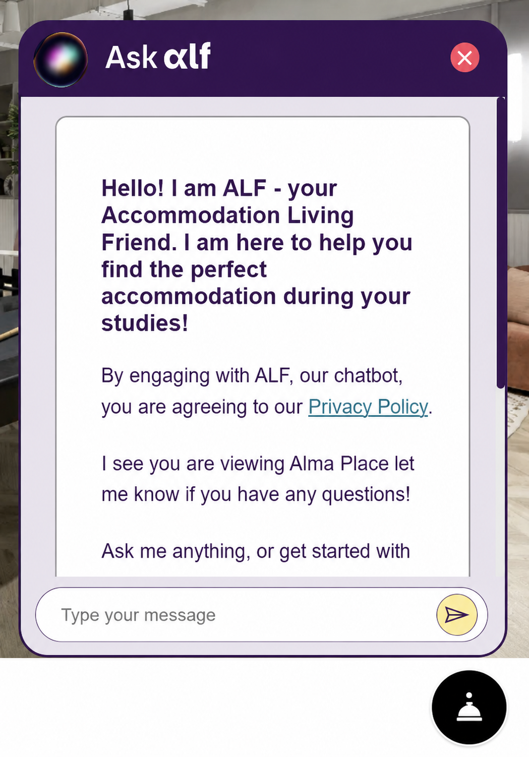 The ALF chat widget open on a Fresh property page, introducing itself as the Accommodation Living Friend and offering to help find accommodation